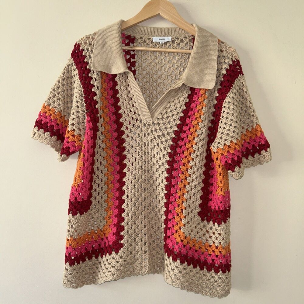 Suncoo Paris Beige Pink Geometric Crochet V-neck Short Sleeve Large Sweater
